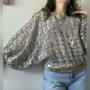 Vintage 70s Sequin Beaded‎ Gold Silver Butterfly Sleeve Blouse Top Size Medium